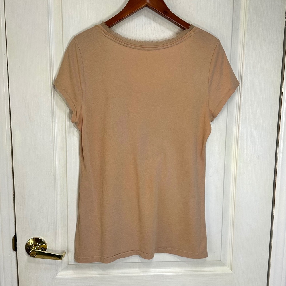 Ann Taylor LOFT Tan Cotton 3D Floral Applique Scoop Neck Tee Shirt L - Picture 3 of 8
